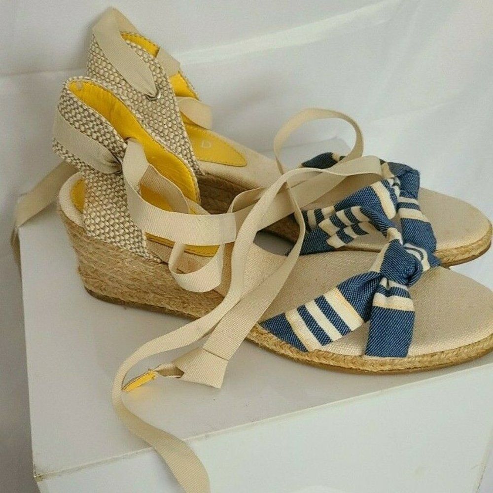 Michelle D Denim Striped Espadrille Wedges Size 8M | Blue White Nautical Ribbon